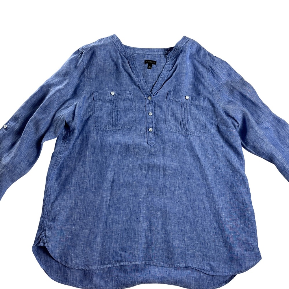 Talbots Linen Roll Tab Henley Tunic XL Blue Coastal Preppy